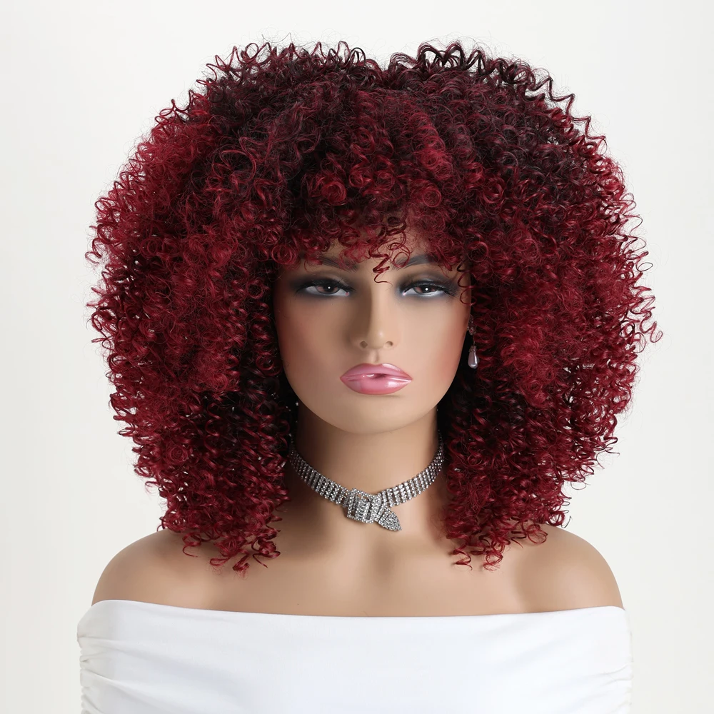 Pelucas sintéticas rizadas cortas de 16 pulgadas para mujeres negras, peluca roja de vino degradado rojo profundo suave con flequillo adecuada para disfraces de uso diario