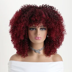 16 Inch Short Curly Synthetic Wigs For Black Women Soft Deep Red Gradient Wine redWig With Bangs Suitable For Daily Use Costumes