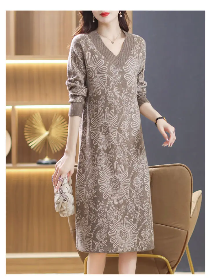 여성용 빈티지 프린트 브이넥 긴팔 니트 캐주얼 드레스 중간 길이 가을 겨울 드레스