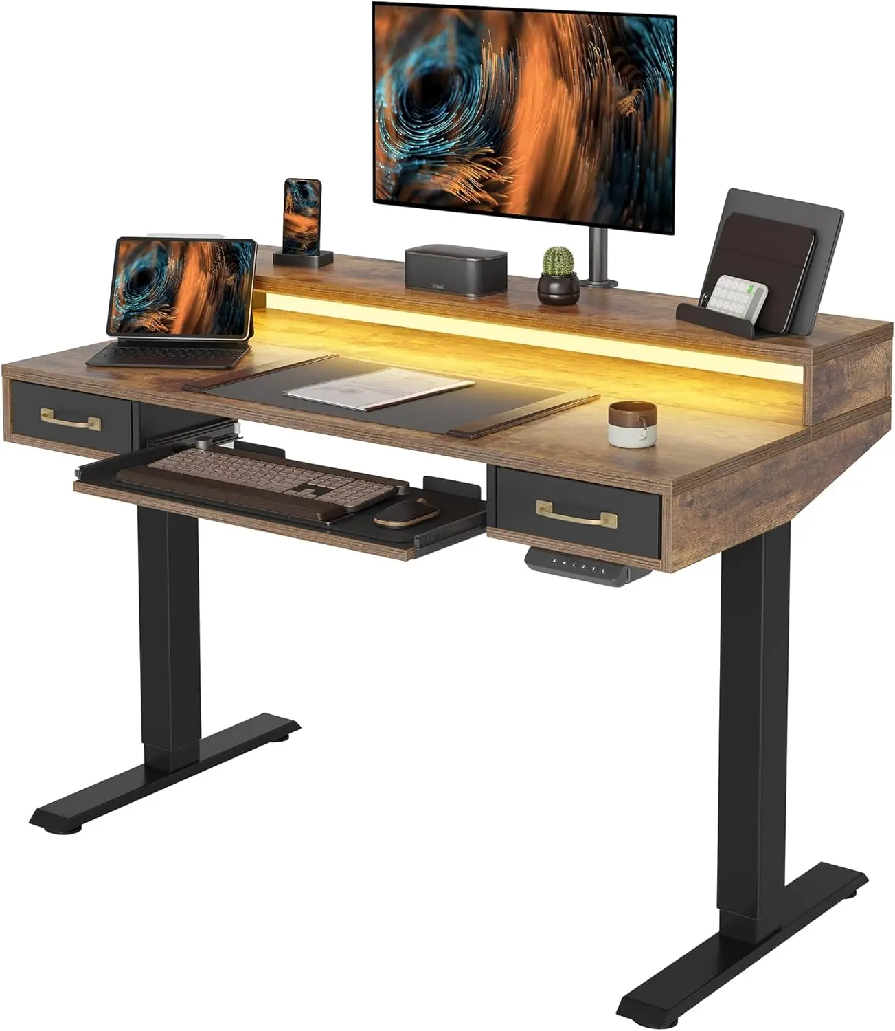 48 x 24 inch high adjustable electric standing table with double drawers and keyboard tray, with monitor stand, country brown