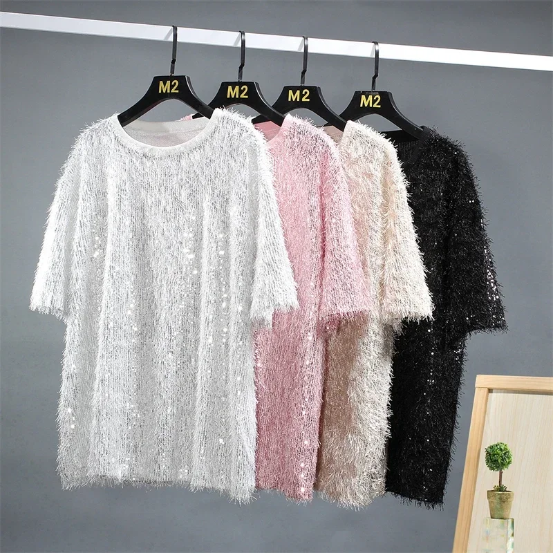 Tassels Sequins Loose Fit T Shirt For Men Short Sleeve Nightclub Smooth Comfortable Quality Fashion Oversize Camisetas De Hombre
