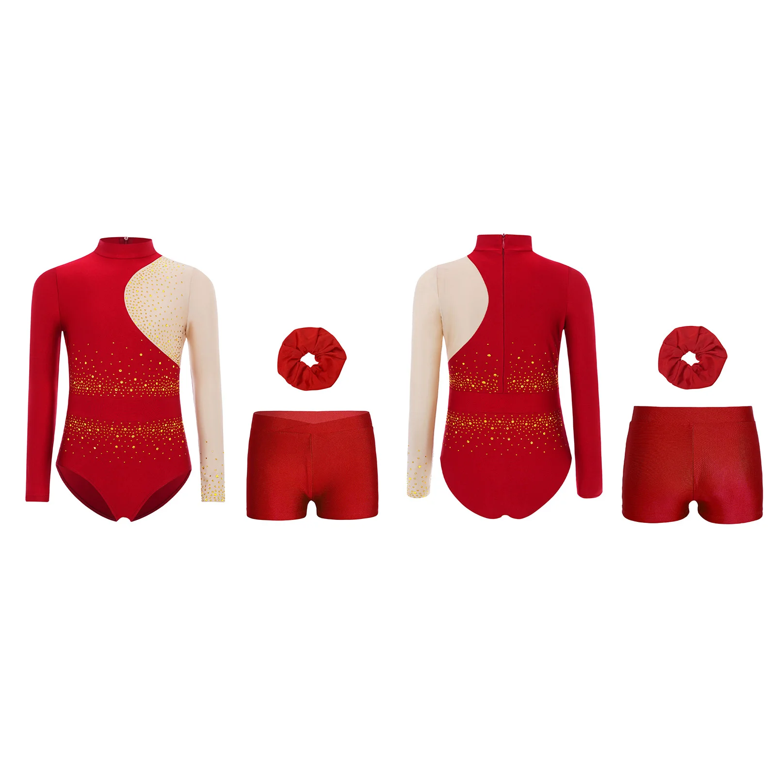 Kids Girls 3-Piece Ballet Yoga Dance Costume Suit Mock Neck Long Sleeves Gymnastics Leotard with Waistband Shorts And Hair Band