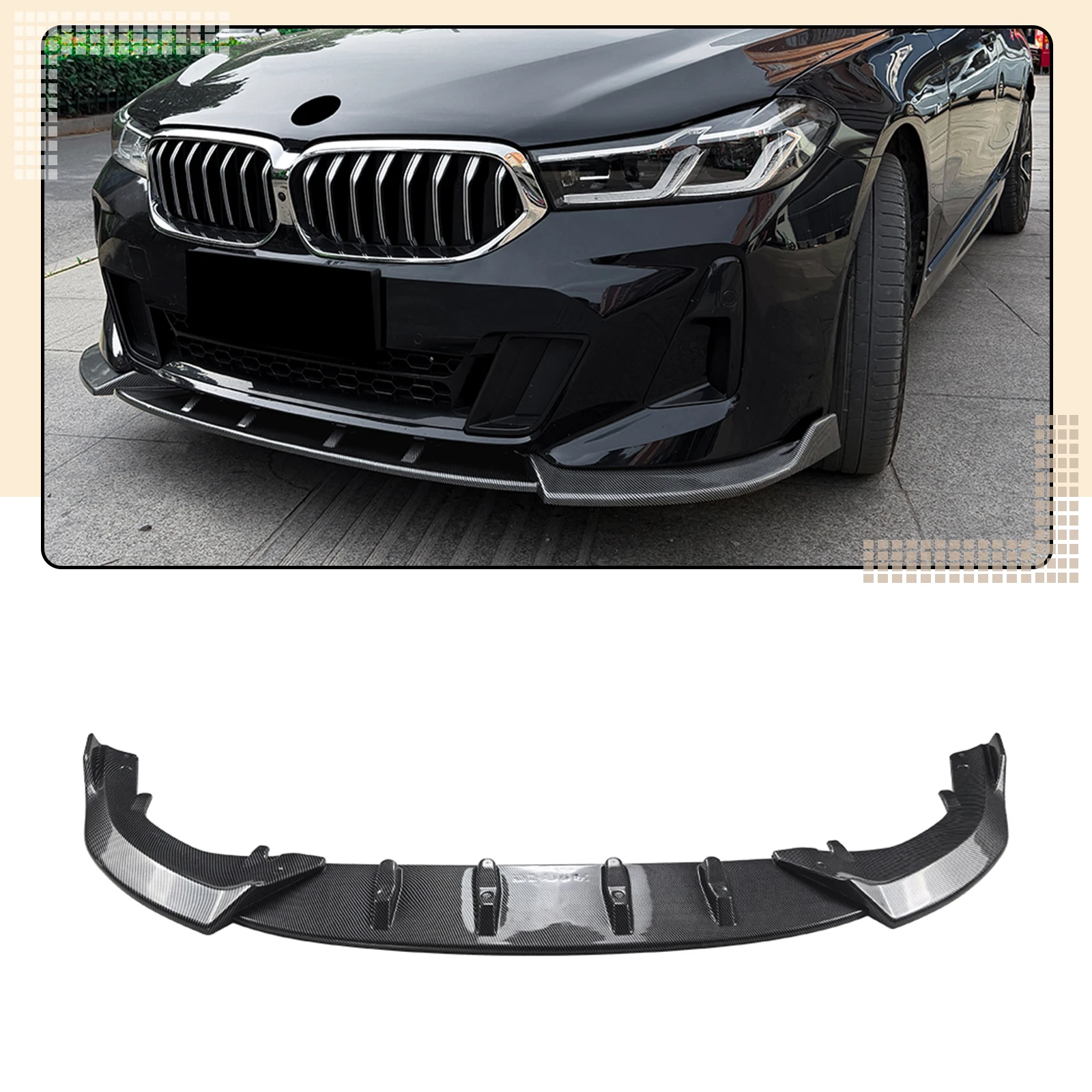 For BMW 6 Series GT G32 LCI M Sport 2021-2026 Front Bumper Spoiler Lip Gloss Black/Carbon Fiber Look Lower Splitter Blade Guard