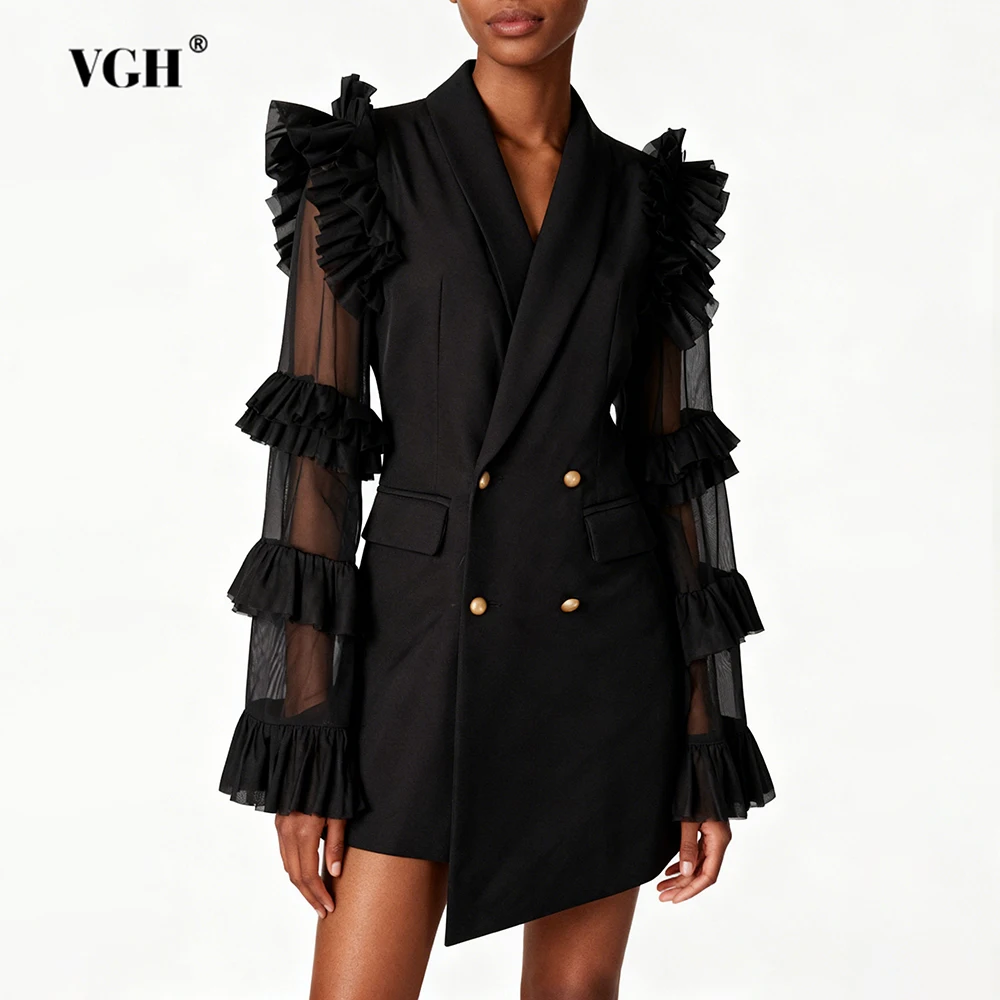 

VGH Design Sense Slimming Folds Blazers For Women V Neck Long Sleeve Spliced Button Autumn Temperament Jackets Female Fashion