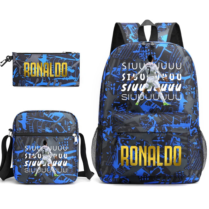 Ronaldo printed children\'s backpack set student school bag shoulder bag pencil case 3-piece set suitable for boys and girls