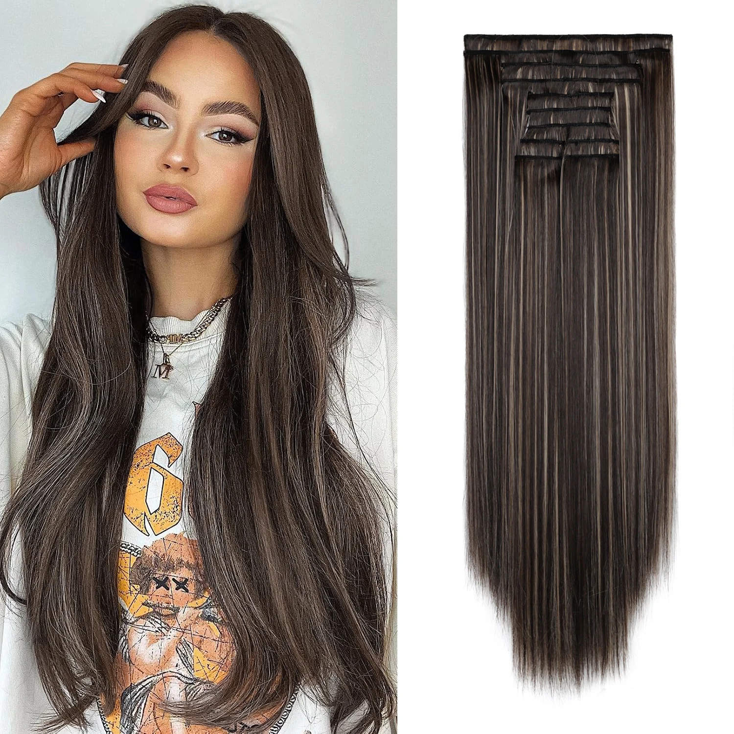 11PCS Clip in Hair Extensions 24 Inch Long Straight Synthetic Hair Clip Ins Soft Hairpieces for Women Daily Party Hairstyle