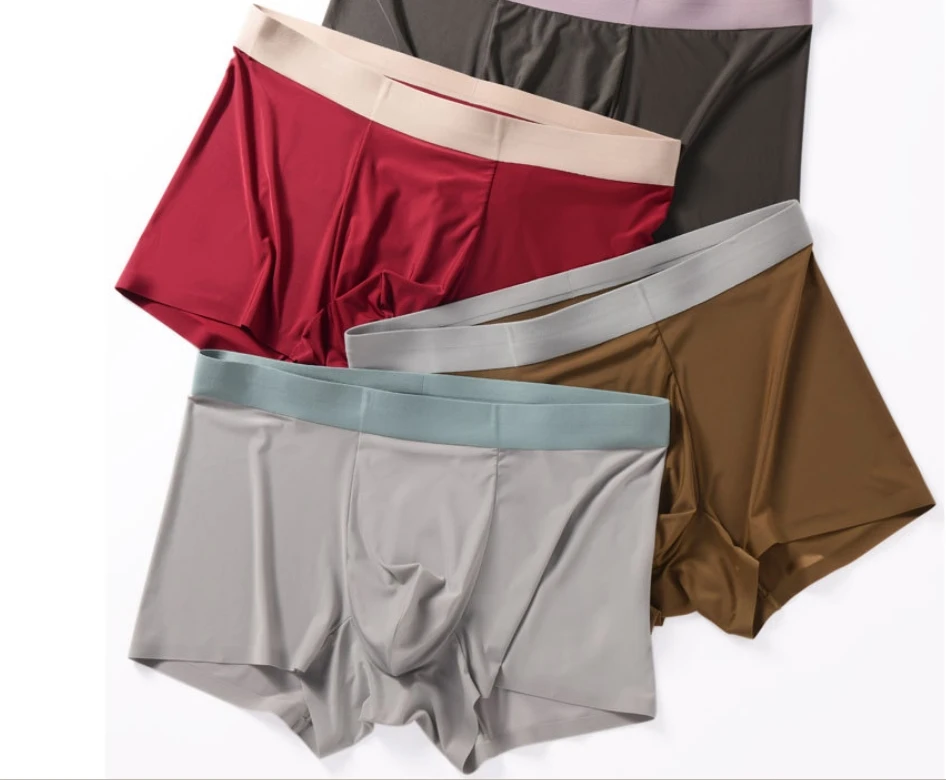 men's Seamless Trunk Ice Silk Elastic Contrast Comfy Lightweight Cool Feeling Quick Dry Mid-rise Bulge Pouch Sports Boxer Shorts