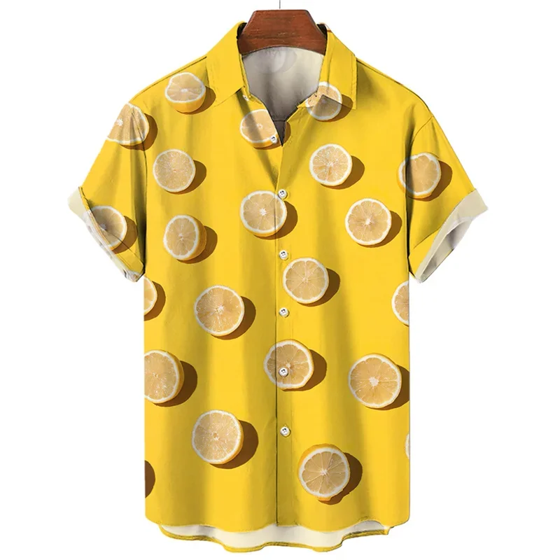 Camisa de frutas laranja limão masculina, lapela de verão, manga curta, roupa casual masculina, camisas de botão, blusa havaiana, moda estampa 3D