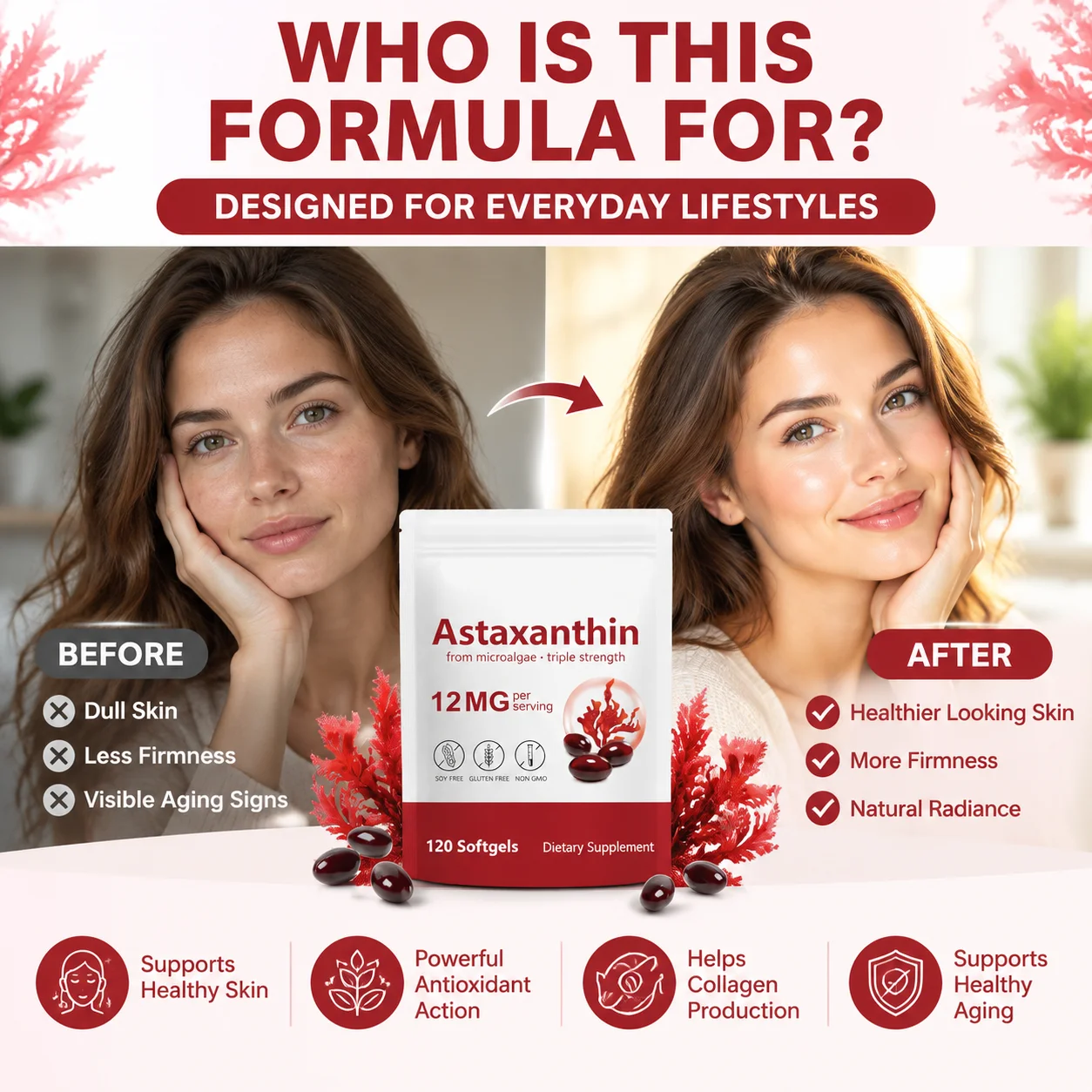 Astaxanthin Supplement Softgels Antioxidant for Skin Promotes Collagen Production with 12mg Microalgae with Health Aging 120pcs