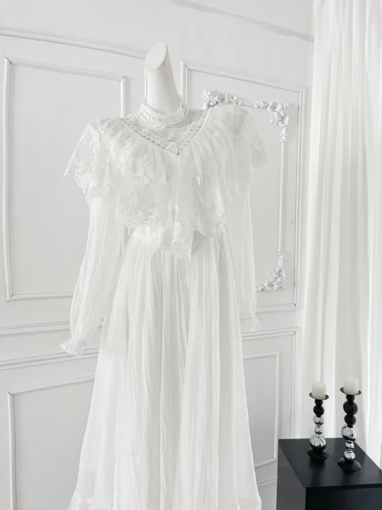 Hohe Qualität Weiß Vintage Kleid Frauen Chiffon Spitze Rüschen Mode Abend Vestidos Herbst Französisch Fee Kleider für Elegante Dame