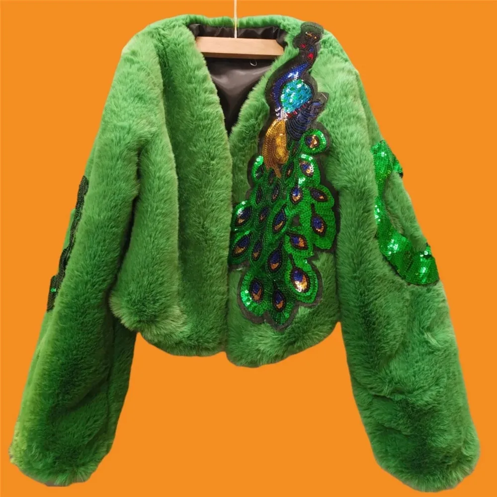 Inverno 2023 New Peacock Green Rabbit Hair Coat Women's Fashion Short Clip Cotton addensato Coat Top Jacket