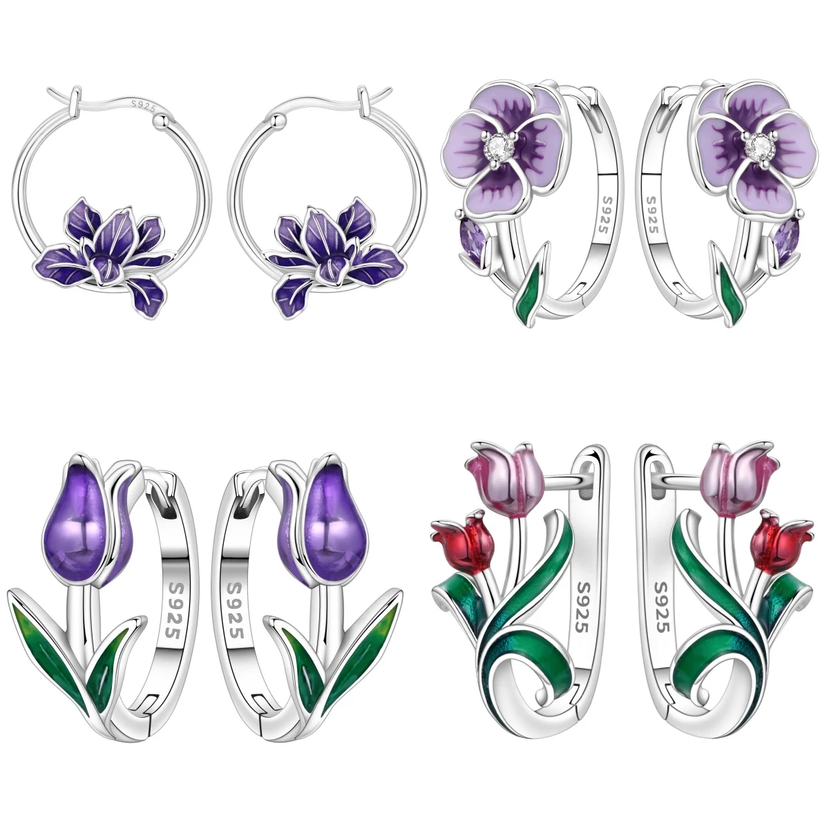 Pendientes de plata de ley S925 de Orstarry, exquisitos pendientes de flores de tulipán, iris y violeta para mujer, regalo de cumpleaños, joyería de plata
