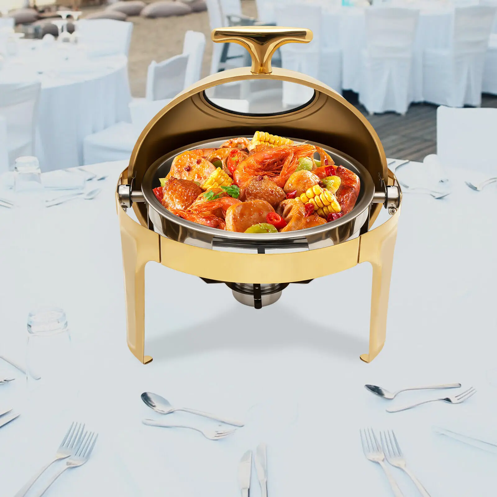 

6 QT Round Chafing Dish Buffet Set with Thick Frame for Weddings Dinners Gold
