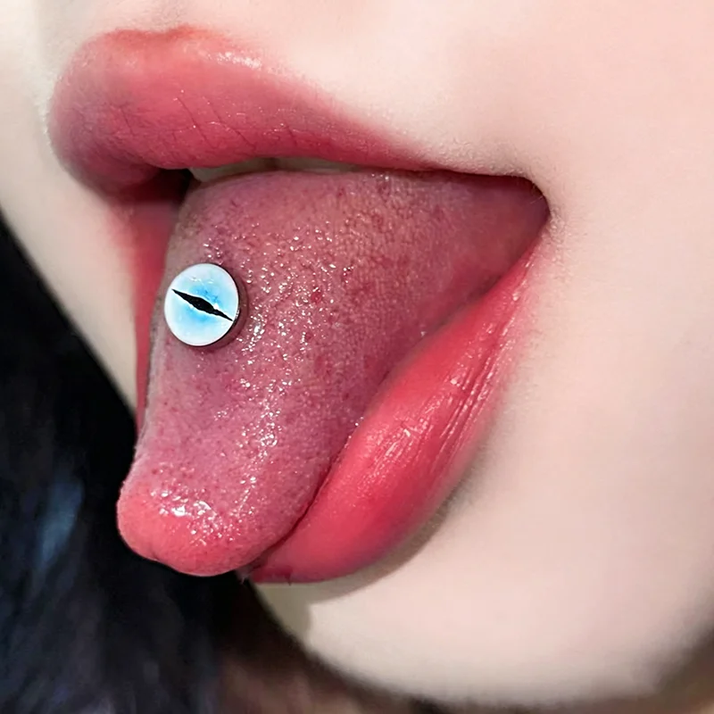 Blue Dragon Eye Tongue Ring 14G Surgical Steel Eyeball Barbell Gothic Creepy Body Piercing Jewelry Y2K Grunge Aesthetic Stud