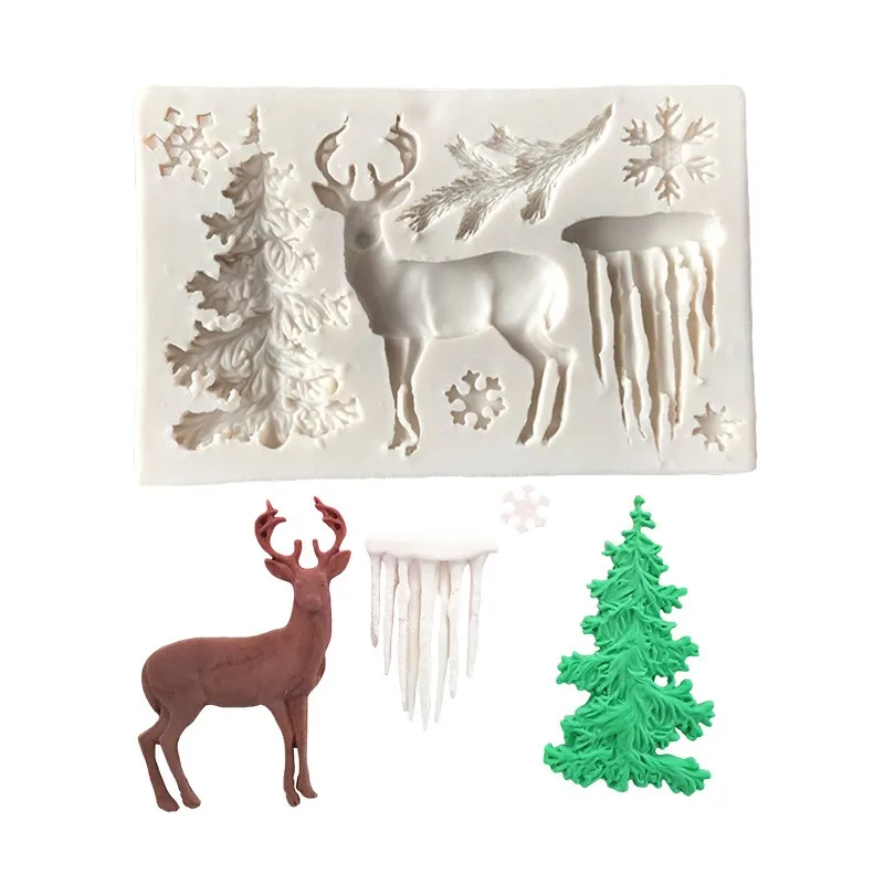 Silicone Fondant Mould with Christmas Tree, Elk, Snowflake & Icicle, Multi-use Mold for Chocolate Epoxy Resin Clay