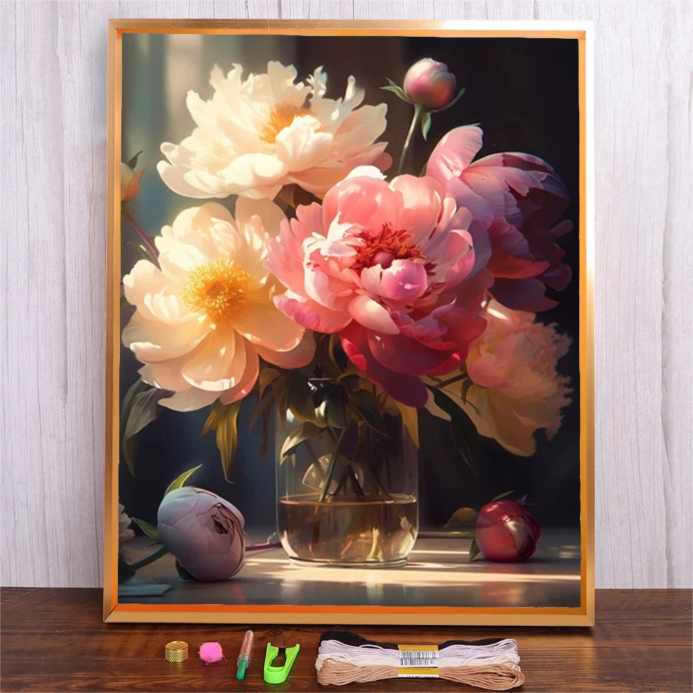 

11CT 40X50 Peony Flowers Pattern Embroidery DIY Printed Kits Cross Stitch Thread Needlework Set Home Decoration Crafts Gift