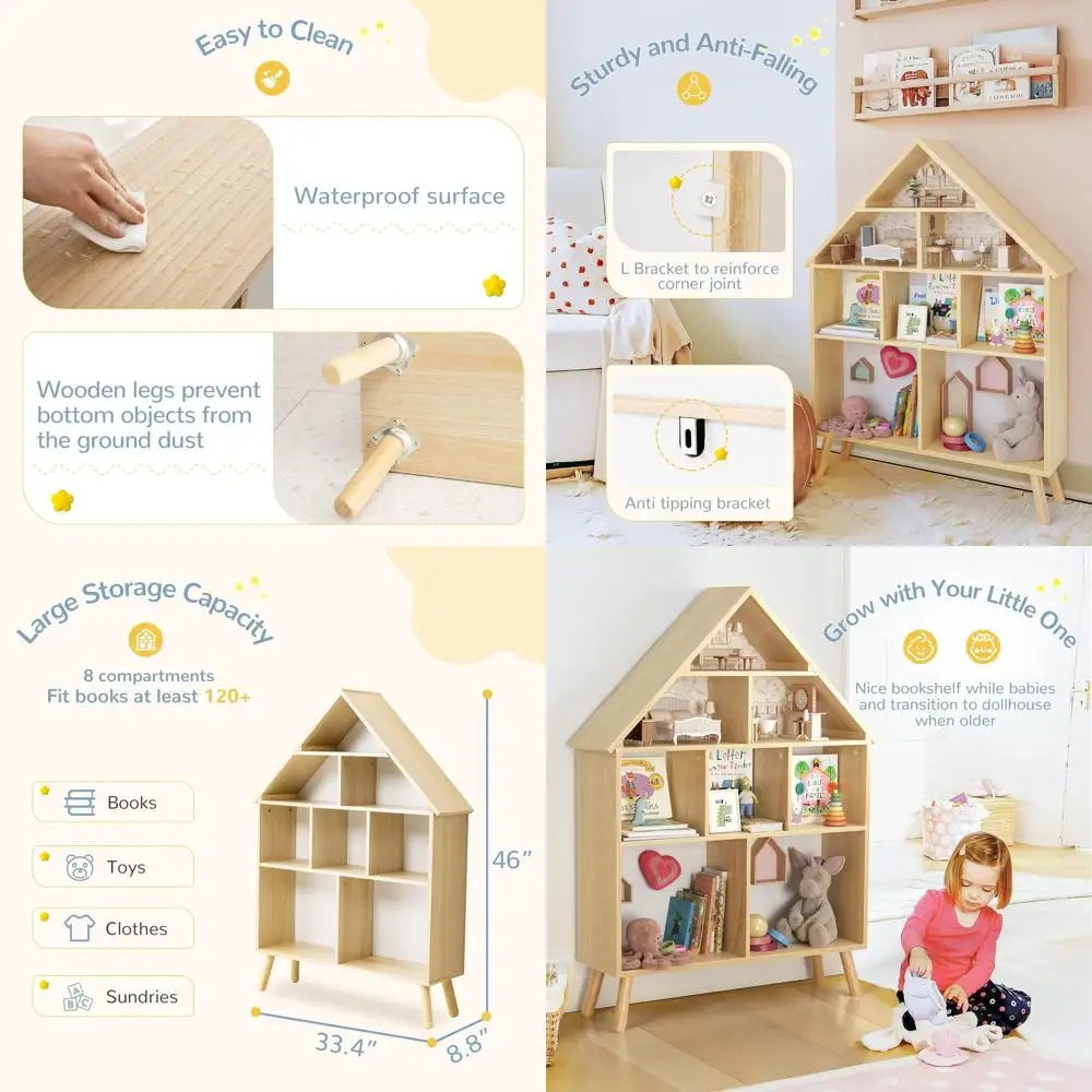 

4-ярусный деревянный книжный шкаф-домик для детей – натуральный органайзер для хранения с полками для демонстрации в детской и игровой комнате