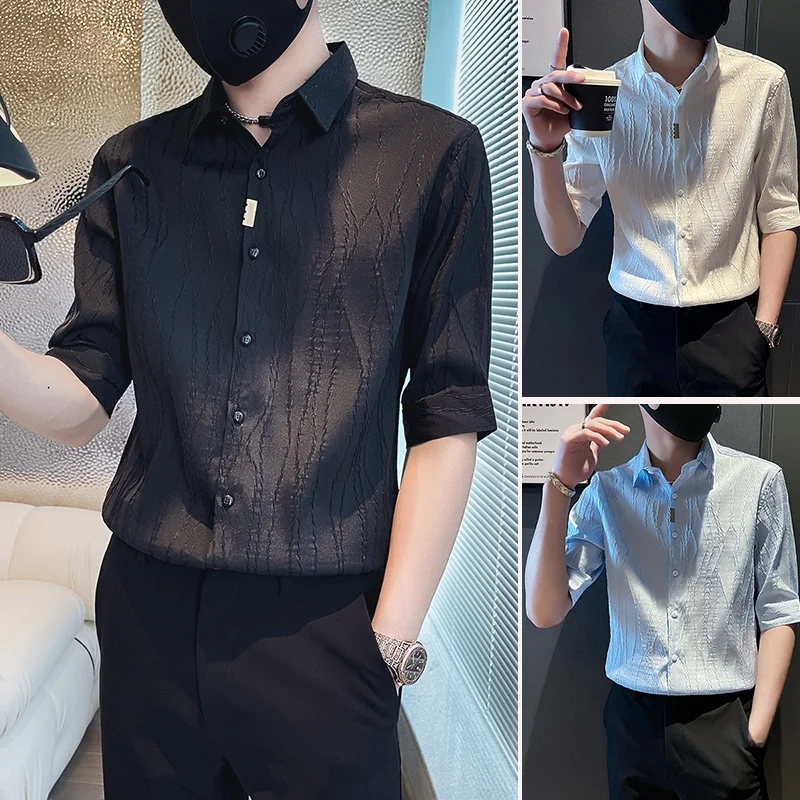 

Summer Ice Silk ort Sve irt Men's Trendy Brand Haome Slim Fit Korean Sle Seven Sve Inch irt Youth Casual Wear