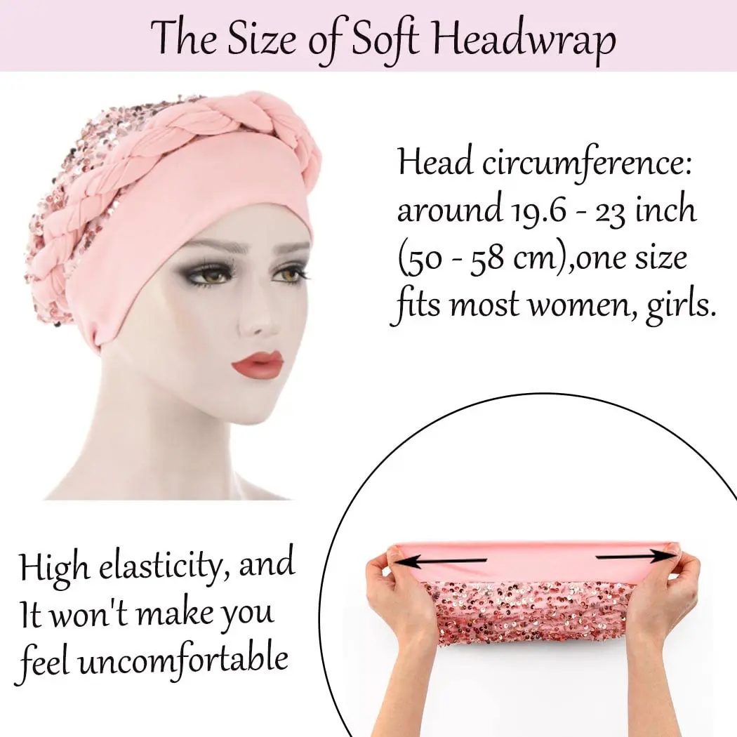 Women's African Turban Head Wraps Sequins Beanie Cap Head wrap Pre Tied Braid Head Cover Cap Headwear for Black Women