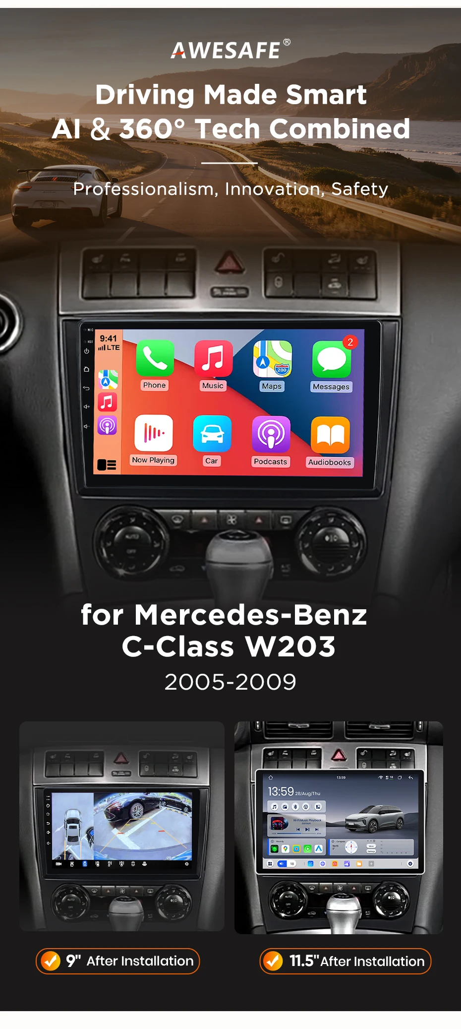 AWESAFE Kabelloses CarPlay Android Auto Radio für Mercedes Benz W203 C180 C200 C220 C230 2005-2009 Plug & Play FM BT RDS DSP GPS – Detail 4