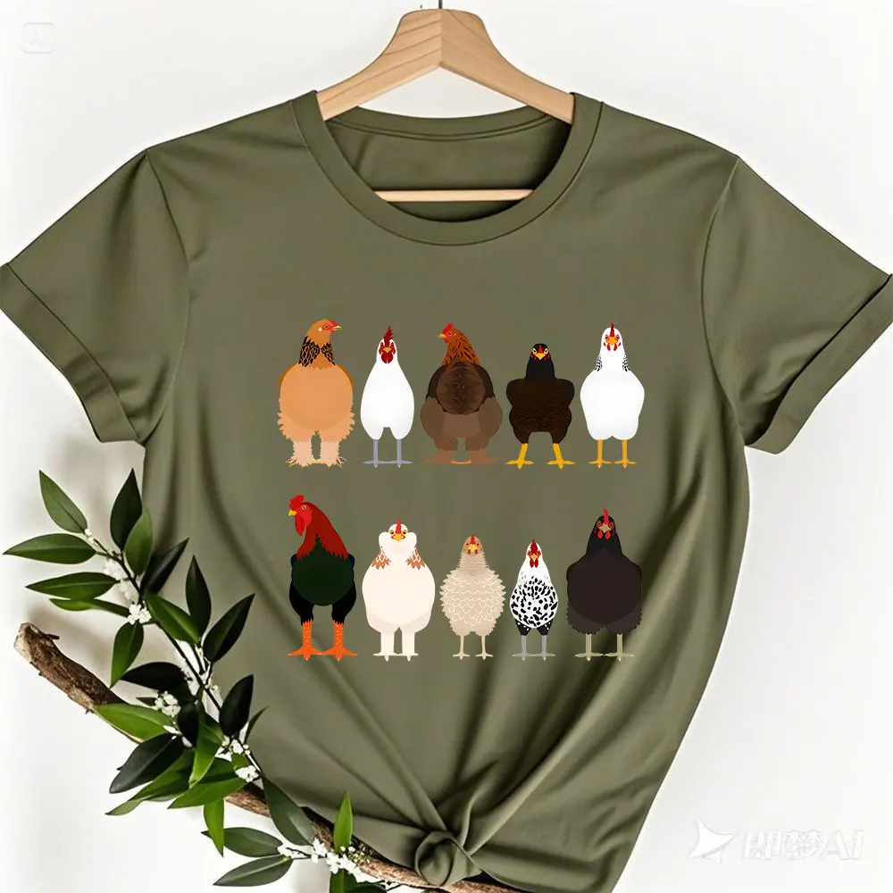 女性の鶏のプリントコットンTシャツ,半袖Tシャツ,カジュアルなトップス,ゆったりとした服,高品質,ファッション