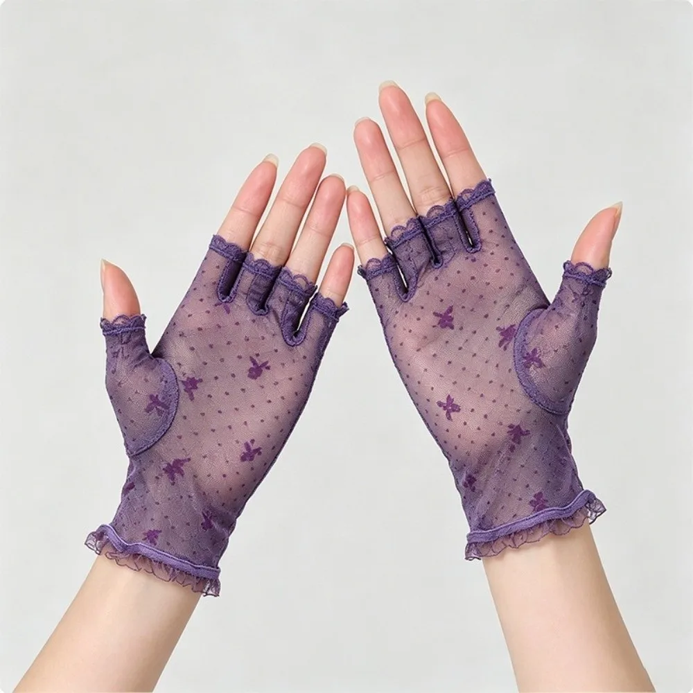 Fancy Style Short Half Finger Gloves Breathable Lace Trim Mesh Sunscreen Gloves Thin Fishnet Gloves Summer