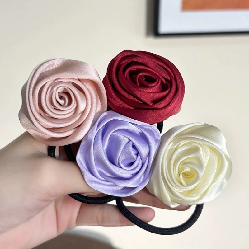 Rose Flower Head Rope French Style Retro Gentle Flower Intestine Hair Ring Artistic Satin Gloss Hair Scrunchies Woman Hair Rope