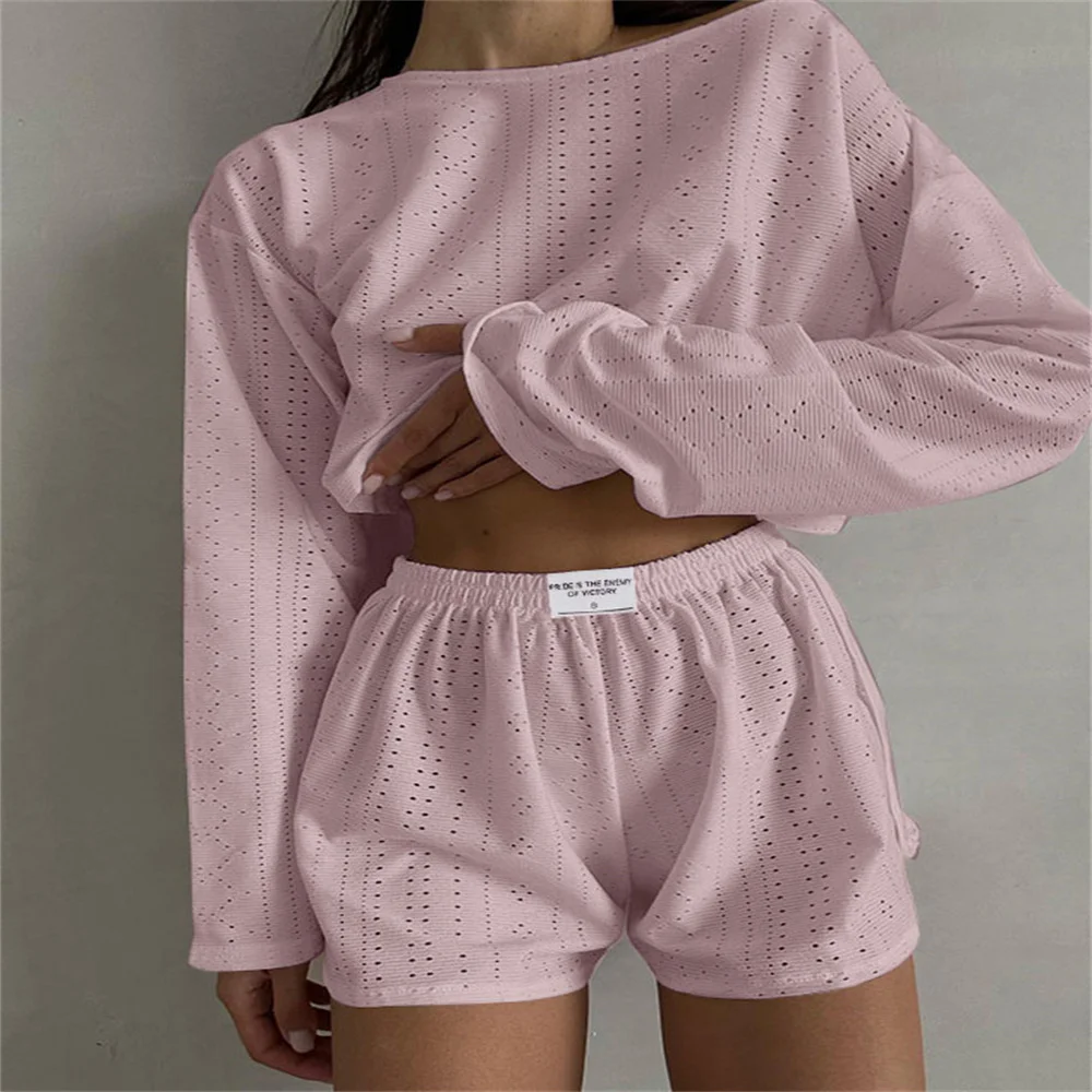 Women\'s Pajamas Set Spring Long Sleeve Tops With Shorts Sleepwear 2 Piece Set Loose Round Neck Home Wear Loungewear Pyjama Femme