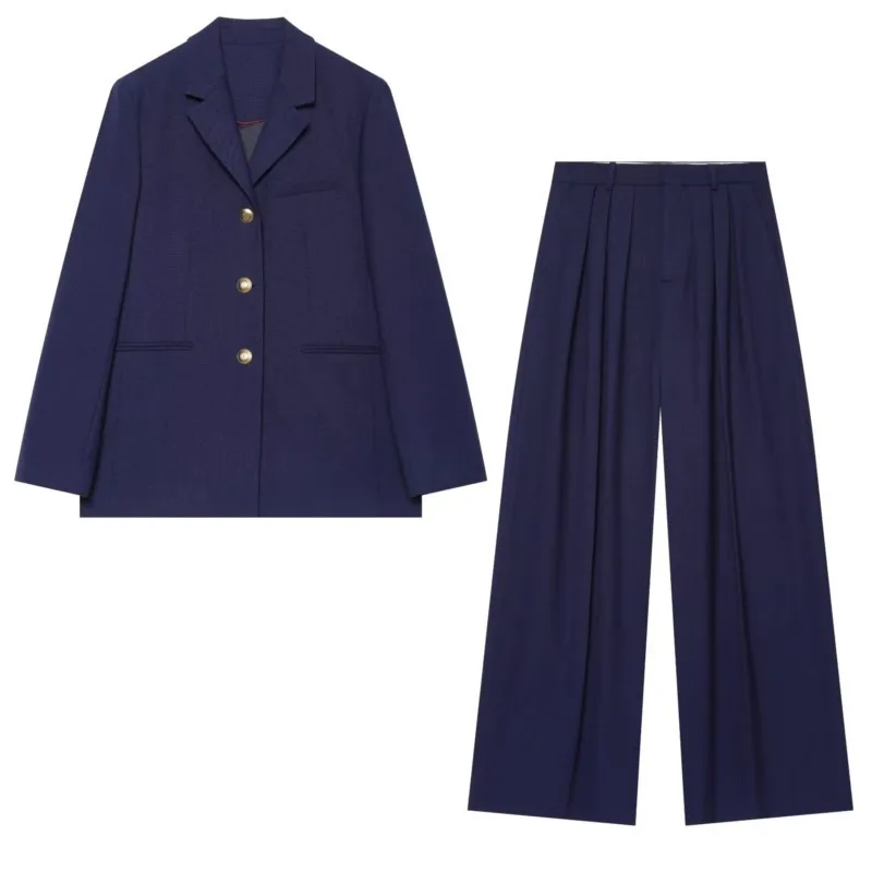 HipSeam Women's Pleated Pants Set 2 Piece New 2026 Autumn Regual Collar Long Sleeve Button Blazer Wide-Leg Trouser Female Outfit