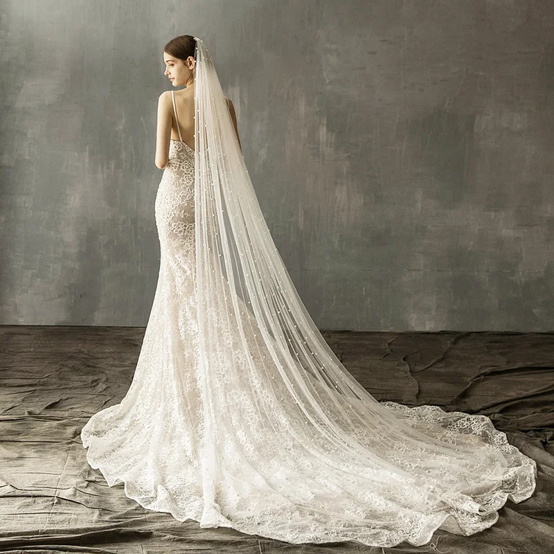 

Long Full Pealrs Sew Wedding Veil 3 Meters Ivory Bridal Veil with Comb Blusher Bride Headpiece Vestido De Novia Boda