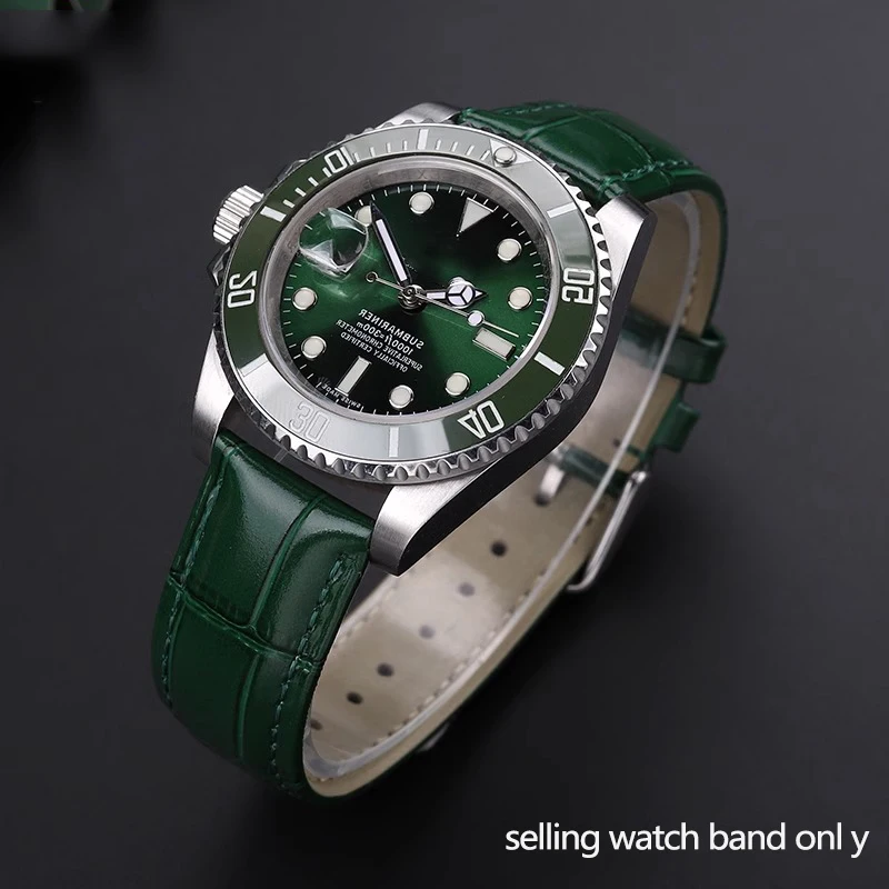 Moda verde derme pulseira de relógio 16 18 20 22mm para qualquer marca cinta homem ms couro macio borboleta fecho pulseira equipar com ferramenta