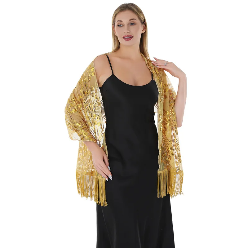 Women Western Style Sequined Embroidered Tassel Shawl Peacock Tail Mesh Wrap For Evening Party Cheongsam Formal Dress Outfit