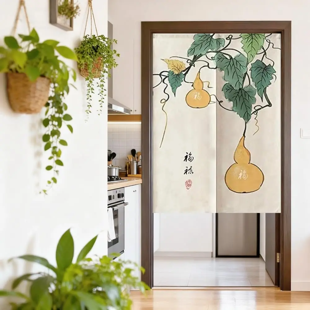 Gourd Fortune Noren Curtain, Chinese Style Beige Ink Wash Print For Home & Tea House, Auspicious Oriental Room Divider With