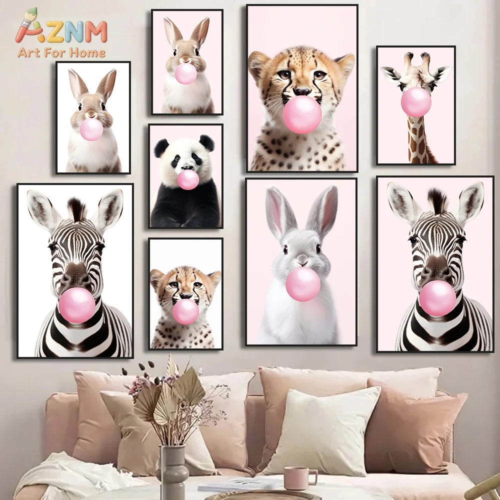 AZNM Cute Animal Blowing Pink Bubble Gum Canvas Wall Art Rabbit Panda Cheetah Zebra Giraffe Portrait Print Unframed Canvas Paint