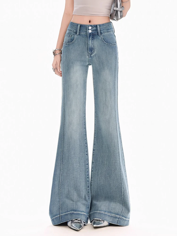 REDDACHiC Vintage Washed Flared Jeans Women Work Solid Double Buttons Distressed High Rise Wide Leg Causal Pants Everyday Wear