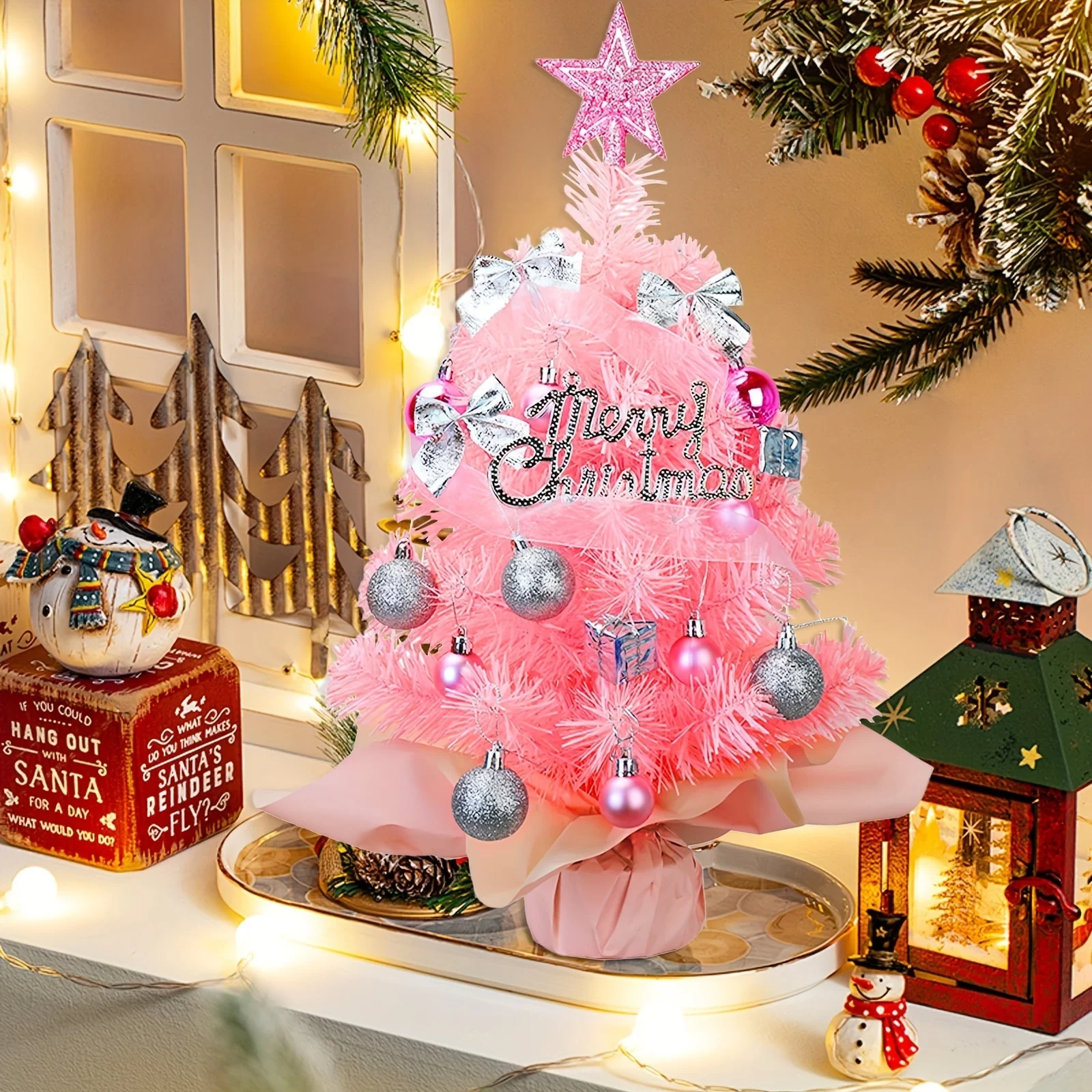 1 Mini Pink Artificial Tree, With Small 24 Inches/60 Centimeters, Christmas Tree Desktop Party Decor, Home And Office