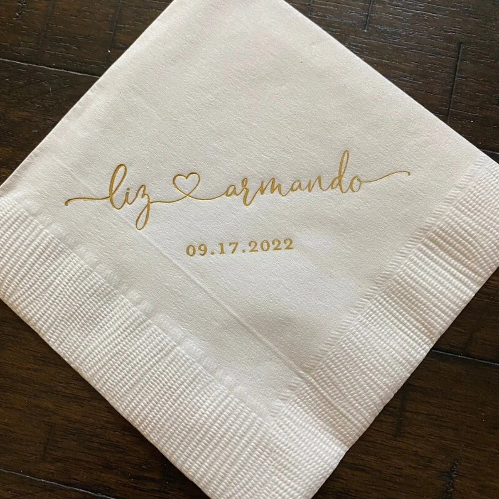 

50Pcs Personalized Wedding Cocktail Napkins, Names with Heart Rehearsal Dinner, Engagement Party, Custom Anniversary Bar Napkins