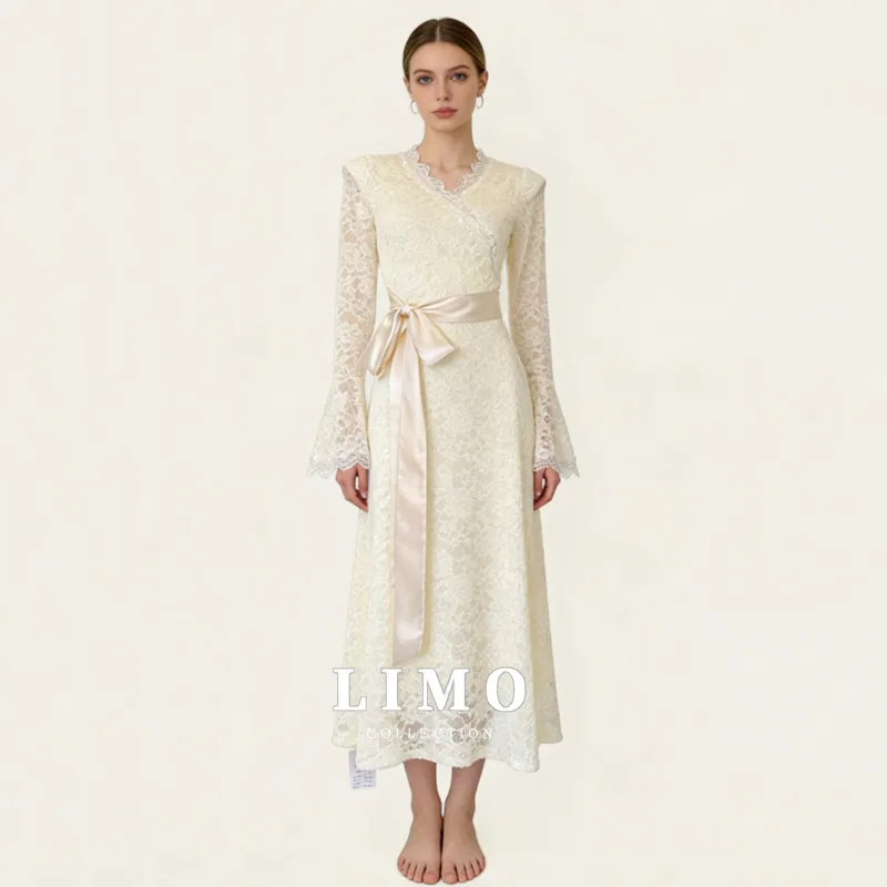 

LIMO 2026 New Women's Ivory Lace Maxi Dress V Neck Bell Sleeves Satin Sash Waist Elegant Formal Evening Party Wear