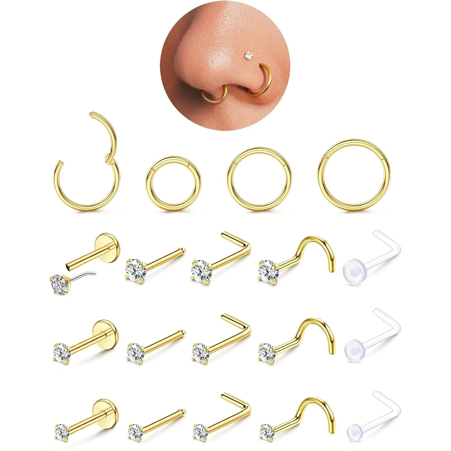 Drperfect 14K Gold Plated Nose Rings Studs for Women Men 20G 18G Surgical Stainless Steel Dainty Nostril Nose Piercing Jewelry