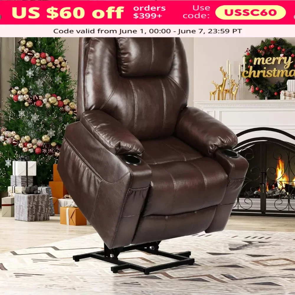 Power Lift Recliner Chair, Faux Leather Recliner Chair with 2 Cup Holders & Remote Control, Lift Chair with Heat and Massage