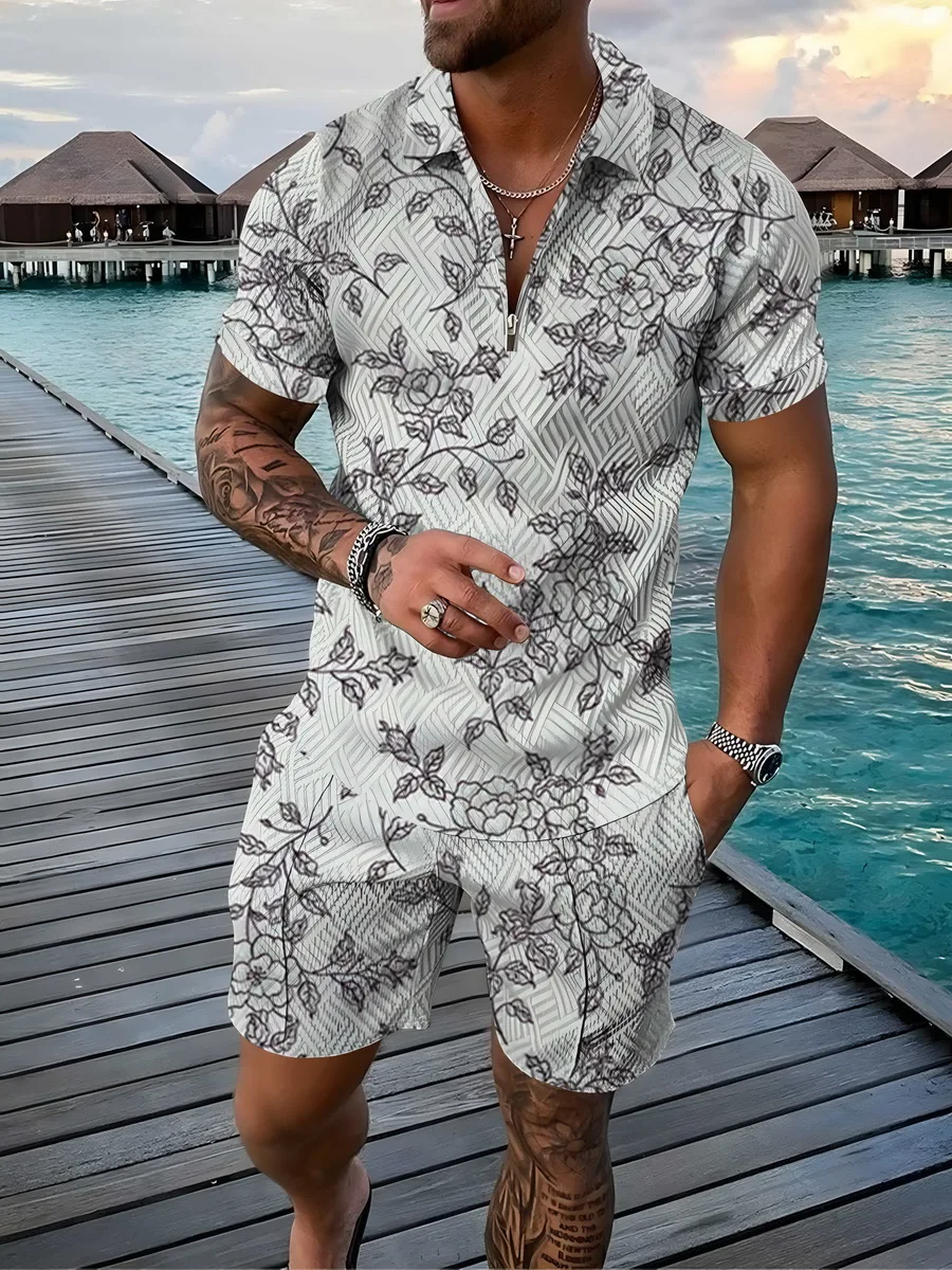 Fashion Men's Streetwear 2-Piece Summer Sportswear Men's Zipper Polo Shirt + Short Fitness Jogging Breathable Suit