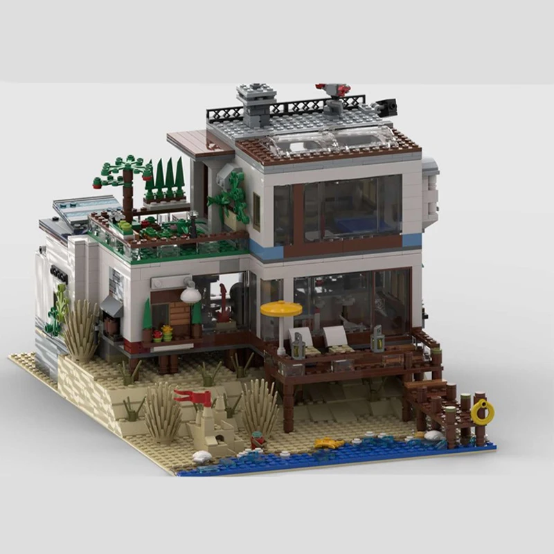 1863 PCS MOC Strandhaus auf der Düne Küstenurlaub Zuhause Meer Villa Modell DIY Modell Bausteine Geburtstag Spielzeug Geschenk