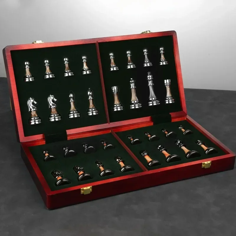 45CM Luxury Metal Chess Figures Wooden Chess Set Professional Folding Family Classic Board Games Chess Home Ornaments Collection