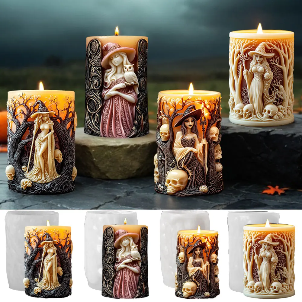 Witch Scented Silicone Candle Mold Halloween Wizard Skull Withered Tree Plaster Resin Mold Handmade Craft DIY Gothic Decor Gifts