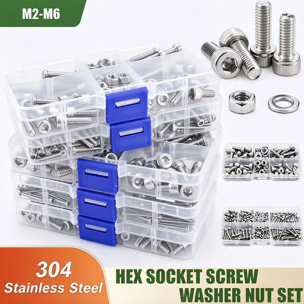 M2 M3 M4 M5 M6 Din912 Hex Socket Screw Nut Set 304 Stainless Steel Fairing Bolt Washer Nuts Kit Hexagonal Machine Metal Screws