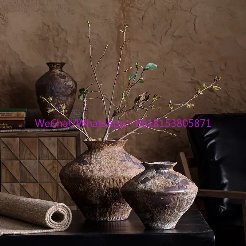Ceramic countertop vase Zen wabi sandy wind pottery pot ornament dried flower arrangement coarse pottery hydroponic decoration