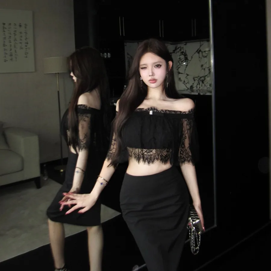 

Summer 2026 Sexy Retro One-Shoulder Knot Lace Short Top High Waist Bodycon Skirt Set Women's Fashion Ensemble