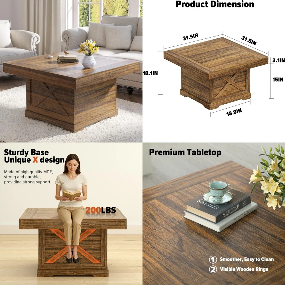 Mesas de caféMesa de centro rústica de madera Pedestal de diseño X de 31,5 pulgadas para sala de estar Estilo de granja moderno