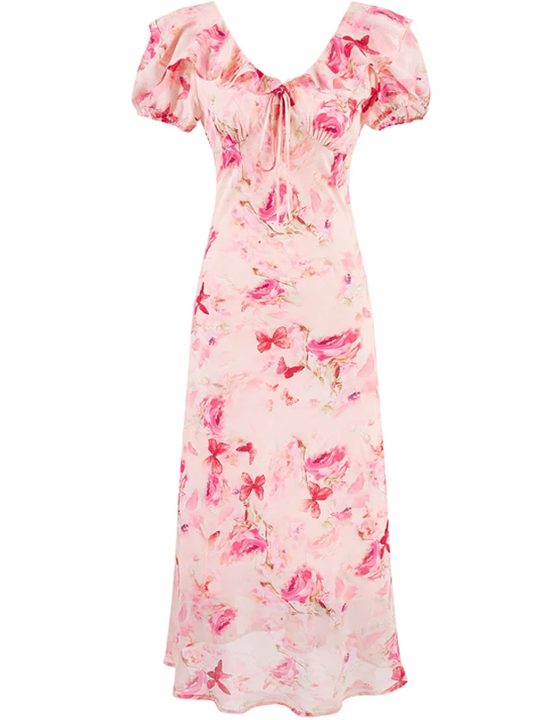 レトロ痩身プリント半袖 V ネックロングドレス女性の夏の休日のガウンハイウエスト A ラインスカートバブルスリーブドレス