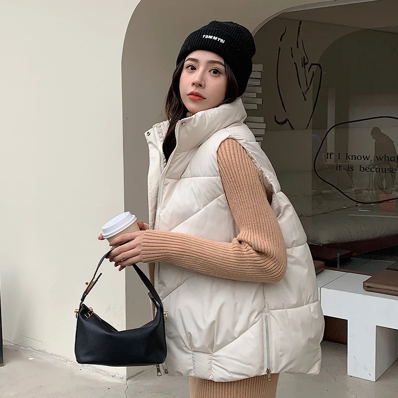 Women Vest Parkas Short Coats Solid Regular Stand Collar Sleeveless Thick Warm Jackets Winter 2025 Splice Zipper Pockets Coat